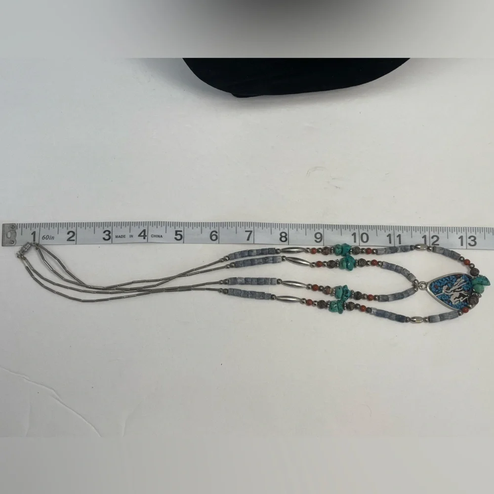 Vintage 1970s Zuni Navajo style nickel silver faux turquoise 2 strand necklace